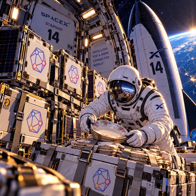A digital illustration of an astronaut in a SpaceX suit handling a satellite among SpaceX Starship satellites labeled '14' and 'X', with Earth and stars visible in the background.