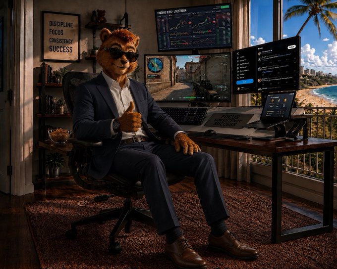 An anthropomorphic tiger wearing a blue business suit and sunglasses sits in an office chair giving a thumbs up, surrounded by multiple monitors displaying financial trading charts, with framed text reading "DISCIPLINE FOCUS CONSISTENCY SUCCESS".