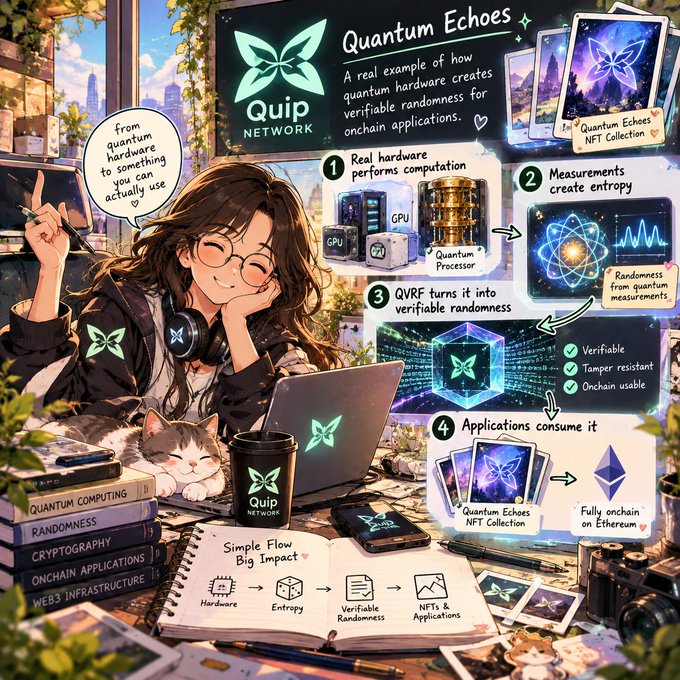 A colorful illustrated infographic about 'Quantum Echoes' explaining how quantum hardware creates verifiable randomness for onchain applications, featuring an anime-style girl, a cat, and the Quip Network logo.