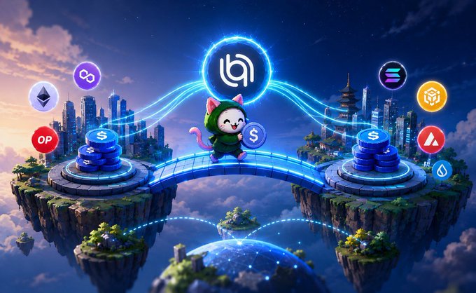 A fantasy digital artwork showing a cartoon cat character in a green hoodie standing on a glowing blue bridge connecting two floating islands, surrounded by cryptocurrency coin symbols and crypto logos like Optimism (OP).