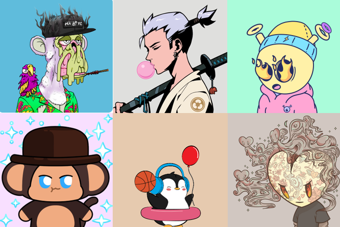 The image features a grid of six different cartoon characters, each with unique designs and colors. The characters include a monkey wearing a hat, a boy holding a sword, an elephant, a fish, a bird, and a penguin. Each character is accompanied by a caption that provides information about the artwork or the artist who created it. The image also includes text that reads "Bought/sold more than I anticipated for this year, but will be holding these 6 projects :D @BoredApeYC Provenance! @Azuki Anime! might sell OG and get elemental tho @quirkiesnft doesn' know what bear is wholesome! @ChimpersHQ wholesome! @LT3NFT sleeping". The image does not contain any text or other objects, making it a simple yet visually appealing display of cartoon characters.
