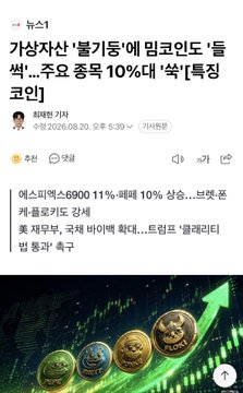 A Korean-language news article titled '가상자산 '불기둥'에 빙글빙글도 '늘 쑥'…주요 종목 10%대 '쑥' 특징' from 체인블록미디어 dated 2026.08.20, reporting that altcoins including 에이다, 솔라나, 비트코인, and others rose 10% in 24 hours.