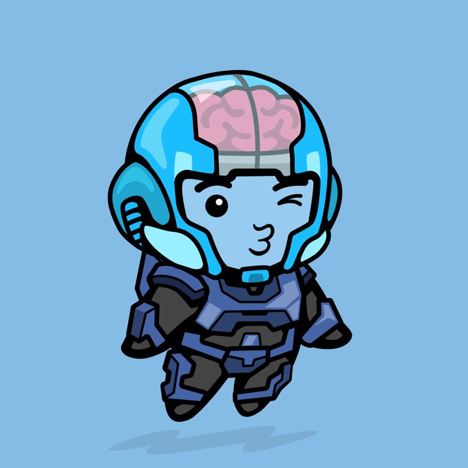 A cute chibi-style cartoon character in blue robotic armor with a transparent helmet showing a pink brain inside, winking and posing against a solid light blue background.