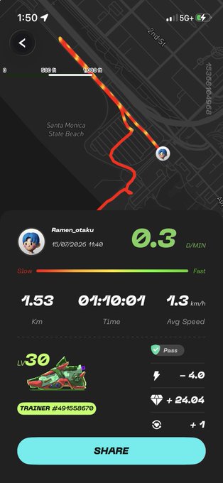 Workout summary from a fitness app showing user 'Ramen_otaku' with stats: 1.53 km, 01:10:01 time, 1.3 km/h avg speed, and trainer #491153670, with a map of a Santa Monica run.
