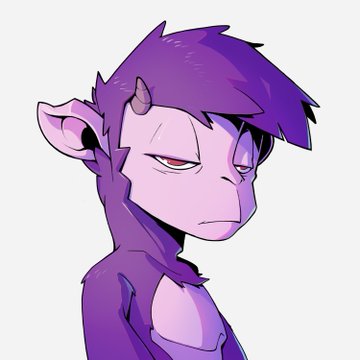 A digital illustration of a purple horned character with pointed ears and a serious expression, drawn in a simple style against a white background.