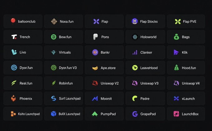 A grid of 35 app icons including platforms like balloonclub, Noxa.fun, Flap, Uniswap V2/V3/V4, BullX Launchpad, Kaito Launchpad, and PumpPad visually reinforces the post's claim about intense competition to build launchpads on the Robinhood chain.