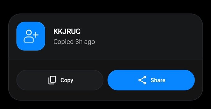 A mobile interface displaying a copied referral code 'KKJRUC' with options to 'Copy' or 'Share'.