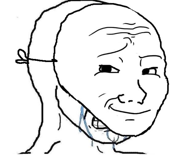 The image shows a crude MS Paint-style drawing of a balding, wrinkled man with a forced smile wearing a hood, depicted in a style often used as a mocking meme (known as "soyjak" or a similar caricature).

The image is a fitting visual accompaniment to the post's repetitive, circular blame-shifting commentary about why $LINK (Chainlink) isn't rising, with the meme's expression capturing the absurdity of endlessly blaming different politicians and SEC chairs (Gensler, Atkins) and regulators for the token's poor performance regardless of circumstances.