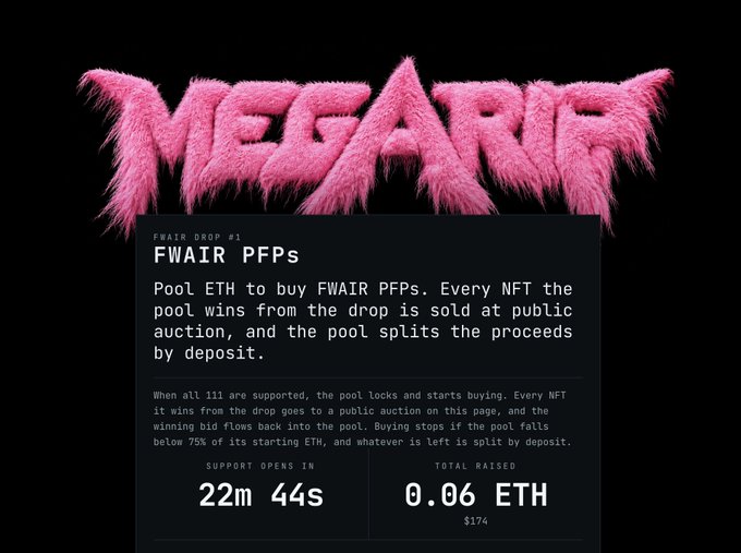 A 'MEGA RISE' promotional graphic with pink furry text announcing a 'FWAIR PFPs' drop, showing support opens in 22m 44s with 0.06 ETH raised.