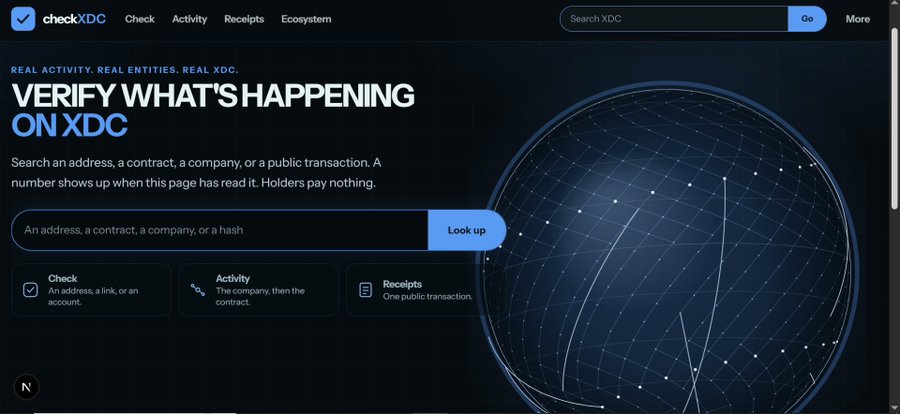 A screenshot of the checkXDC website showing a search interface for verifying activity on the XDC blockchain, with the tagline "VERIFY WHAT'S HAPPENING ON XDC" and a globe graphic.