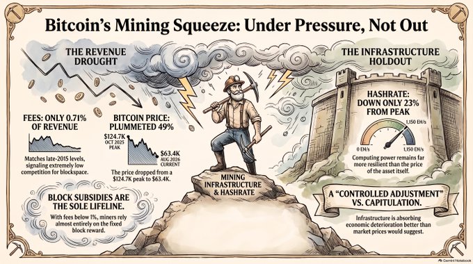 The image is an illustrated infographic titled "Bitcoin's Mining Squeeze: Under Pressure, Not Out," depicting a miner on a rocky peak amid storm clouds, with key statistics including mining fees at 0.71% of revenue, Bitcoin price dropping 49% from $124.7K to $63.4K, and hashrate down only 23% from a 1.150 EH/s peak to 0.890 EH/s. It visually reinforces the post's theme by highlighting how miners are facing a "controlled adjustment vs. capitulation" as infrastructure absorbs the economic pressure rather than collapsing.