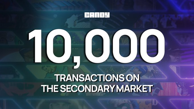 A promotional graphic displays 'CANDY 10,000 TRANSACTIONS ON THE SECONDARY MARKET' over a collage of trading card images.