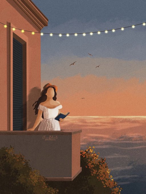 An illustration of a woman with long brown hair in a white dress standing on a balcony overlooking a serene beach at sunset, holding a blue book, with string lights overhead and birds flying in the distance.