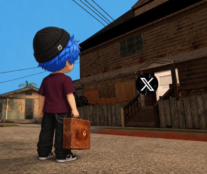 There's a young boy wearing a blue beanie, holding a brown suitcase, standing next to an old house that has a "X" sign on its door. This boy seems to be lost or looking for someone, potentially his friend. The caption of the image suggests that it might be a post related to the game Fortnite, although without any specific context, it can't be confirmed.