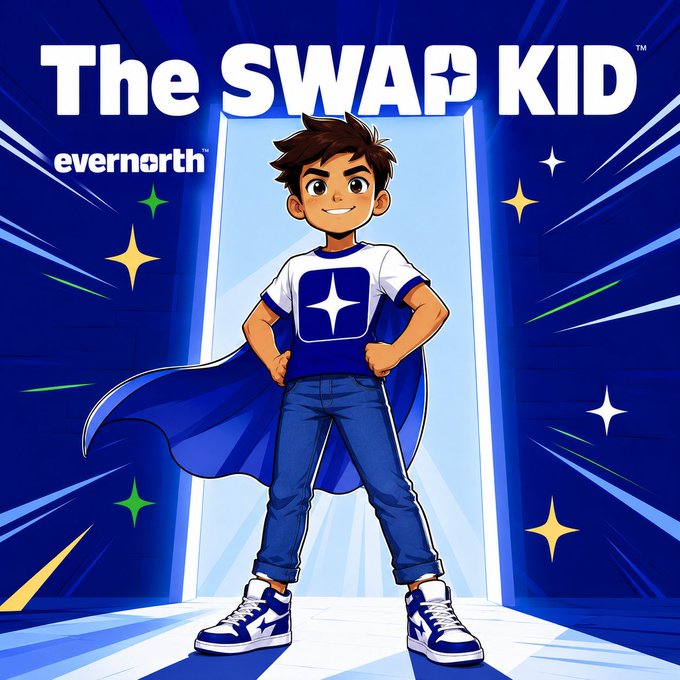 A cartoon boy superhero named "The Swap Kid" (with the Evernorth logo on his shirt) stands triumphantly in a cape and sneakers against a starry blue background, illustrating the post's concept of making The Swap Kid the team's new mascot.