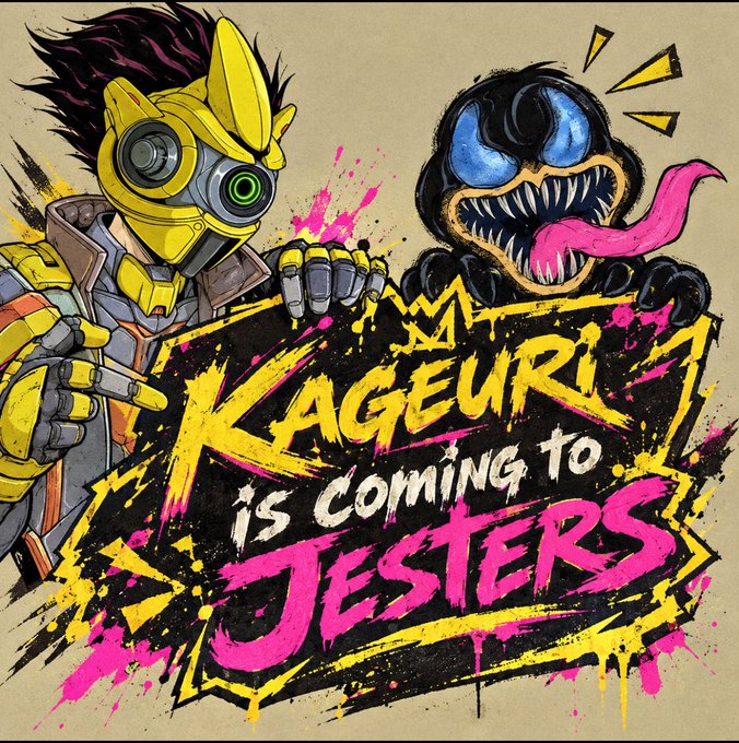 The image features a vibrant, graffiti-style promotional graphic announcing "KAGEURI IS COMING TO JESTERS" in bold yellow and pink lettering, flanked by a yellow armored character with goggles and a menacing black creature with blue eyes and a long pink tongue.

The image ties to the post "That man is cooking🔥🤝" by hyping up Kageuri's upcoming arrival at Jesters, with the fiery graphics and intense characters visually representing the excitement and hype behind the tease.