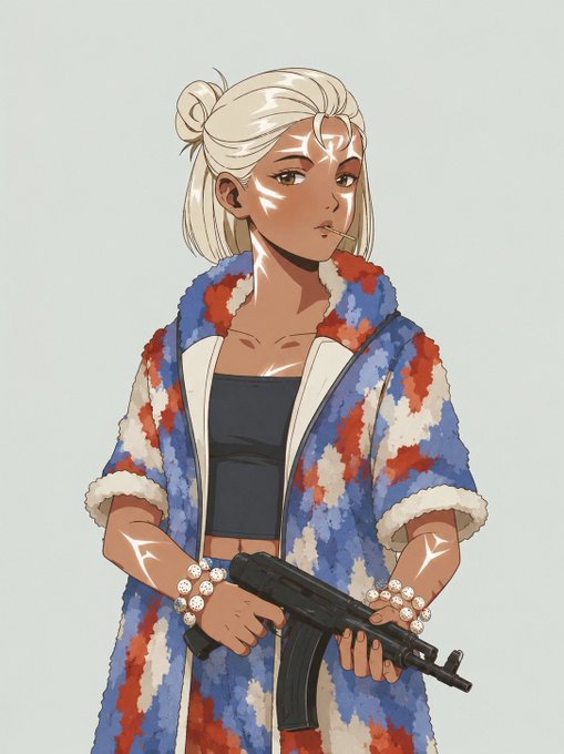 An anime-style illustration of a tan-skinned female character with white hair in a bun, wearing a red, white, and blue patterned fur-lined coat, holding a submachine gun, with white tribal markings on her face and arms.