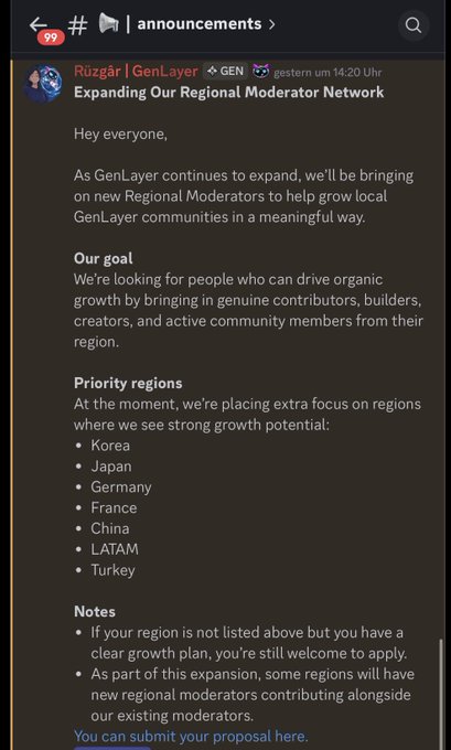 Discord announcement from Rūzgār of GenLayer about expanding the Regional Moderator Network, highlighting priority regions including Korea, Japan, Germany, France, China, LATAM, and Turkey.