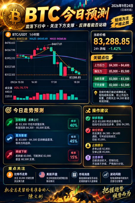 A Chinese financial infographic showing BTC/USDT predictions for September 24, 2026, with a current price of 83,288.85, candlestick charts, and key price levels.