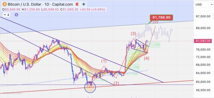 A Capital.com chart of Bitcoin/U.S. Dollar (BTC/USD) on a 1D timeframe shows price action around $81,255, with Elliott Wave (1)-(5) labels, a recent swing high at 91,788.90, and circled areas marking FVG zones near support, aligning with the post's "$BTC" and "5th" references to the fifth wave.