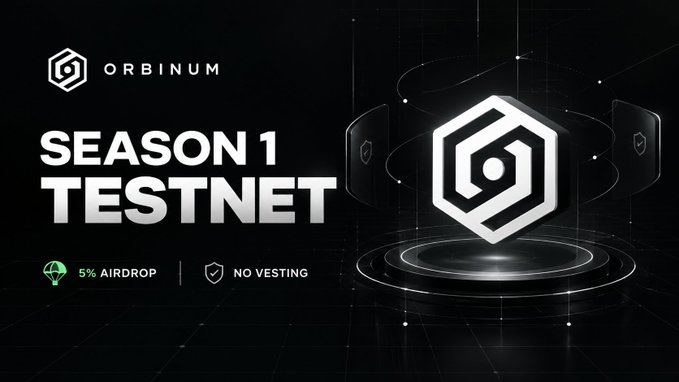 A promotional graphic for 'ORBINUM SEASON 1 TESTNET' featuring a hexagonal logo and text indicating '5% AIRDROP' and 'NO VESTING'.