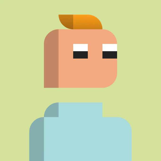 A minimalist flat-design illustration of a character with orange hair, rectangular black eyes, and a light blue shirt against a pale green background.