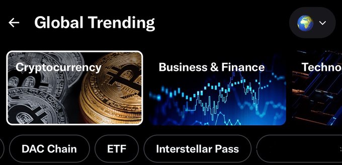 A "Global Trending" interface displays cryptocurrency, business and finance categories alongside trending topics including "DAC Chain," "ETF," and "Interstellar Pass," tied to a simple "gm" (good morning) greeting that suggests the poster is sharing their morning market watch.