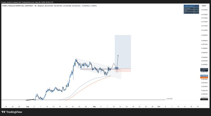A TradingView 4-hour chart of PUMP/USDT Perpetual Contract on Binance shows a bullflag pattern with a breakout projected toward the ATH of $0.010228, with current price at $0.004955, aligning with the post's bullish thesis of flipping the monthly open for a swing long.