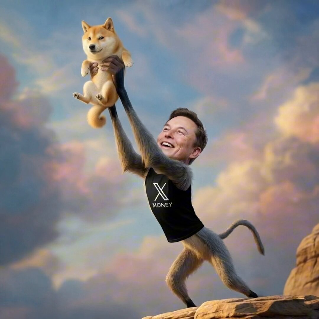 The image features a man dressed as a monkey holding a dog in his arms while standing on top of a rock formation. The caption below the photo reads "Believe it or not, It'S happening @XMoney $DOGE". This suggests that there is some sort of event or promotion related to money and dogs taking place at this location.
