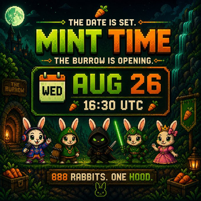 Promotional pixel art graphic reading 'THE DATE IS SET. MINT TIME - THE BURROW IS OPENING. WED AUG 26 16:30 UTC' featuring five rabbit characters in various costumes, with text '888 RABBITS. ONE HOOD.'