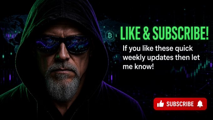 A hooded man with sunglasses on a YouTube thumbnail reading 'LIKE & SUBSCRIBE! If you like these quick weekly updates then let me know!' with a Bitcoin logo.