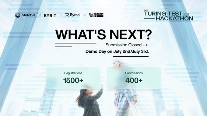 The image features a poster for an event called "What's Next?". The poster displays two columns of text with images related to the event. One column shows the title "What's Next?" along with the dates, while the other column lists the names of the sponsors and their logos. The event is described as a hackathon that took place in December 2020 and was held on July 2nd - 3rd. It involved over 1,500+ builders who participated in various projects, and it has been officially recognized by @MantleOfficial.
