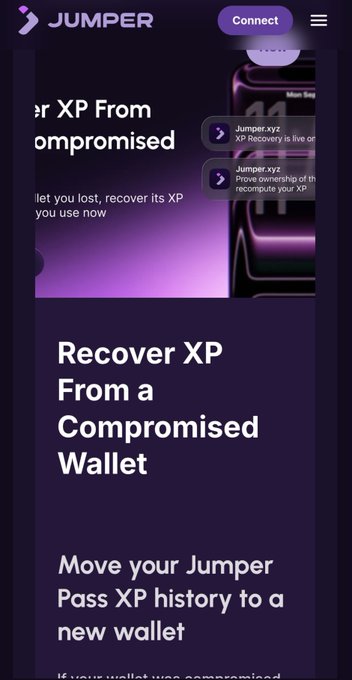 The image shows a promotional graphic from Jumper featuring the headline "Recover XP From a Compromised Wallet," with instructions to "Move your Jumper Pass XP history to a new wallet." Two notification messages from Jumper.zyz are displayed, indicating that "XP Recovery is live" and inviting users to "Prove ownership of the… recompile your XP," directly illustrating the post's message about reclaiming lost Jumper XP to a new wallet after compromise.