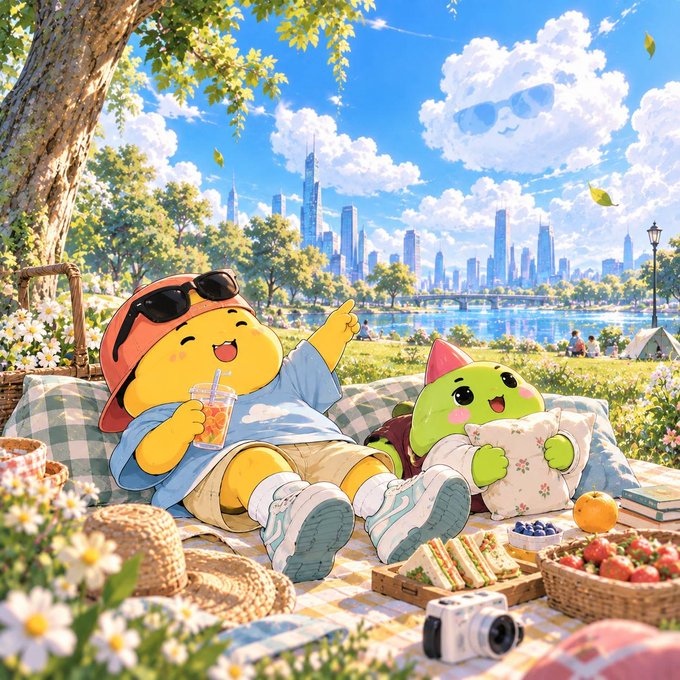 An illustrated scene of a yellow turtle character wearing sunglasses and a green frog character enjoying a picnic on a blanket with a city skyline in the background.