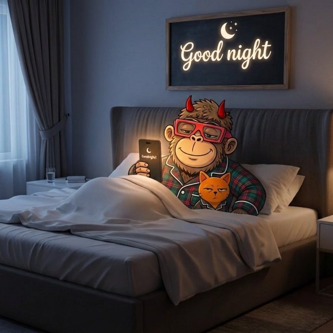 A cozy bedroom scene featuring a cartoon devil monkey in pajamas holding a phone and an orange cat, with a neon 'Good night' sign on the wall above the bed.