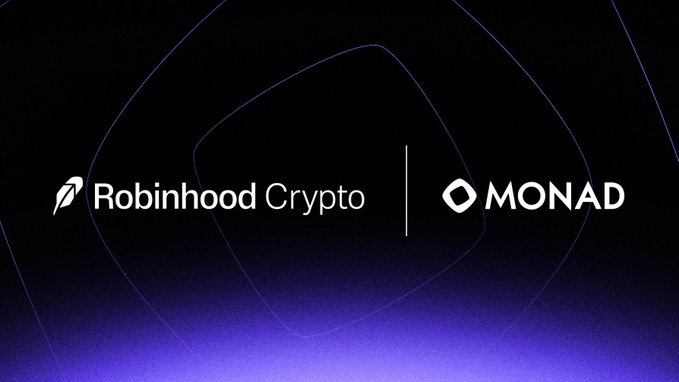 A dark purple and black graphic displaying the logos for 'Robinhood Crypto' and 'MONAD' separated by a vertical line, indicating a partnership announcement.