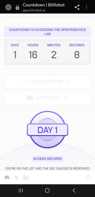 A mobile website countdown from BitRobot showing 'DAY 1' access secured with 1 day, 16 hours, 2 minutes, and 8 seconds remaining for accessing the Open Robotics Lab.