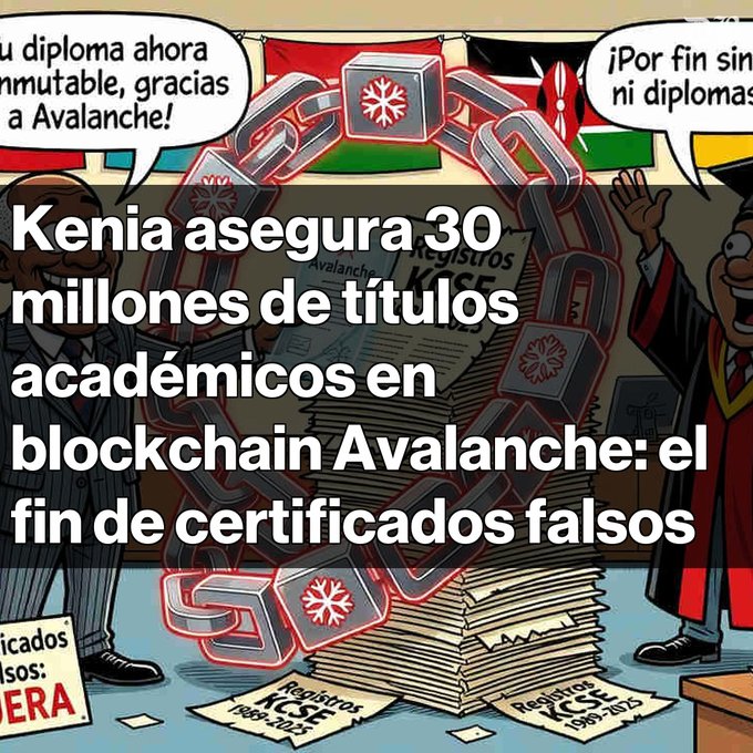 A cartoon-style graphic with the Spanish caption "Kenia asegura 30 millones de títulos académicos en blockchain Avalanche: el fin de certificados falsos," depicting the Avalanche blockchain securing diplomas.