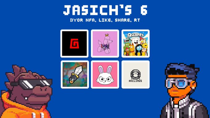 A pixel-art promotional image titled "JASICH'S 6" with the subtitle "DYOR NFA, LIKE, SHARE, RT" displays six NFT project icons on a blue background, flanked by cartoon avatars of a dragon in an orange hoodie and a person in sunglasses. The image visually showcases the "Jasich 6" collection featured in the post, which highlights projects like @TheGodPull (Moni Score 811) and @okpoodles (Moni Score 91) with their respective supply details and ETH chain information.