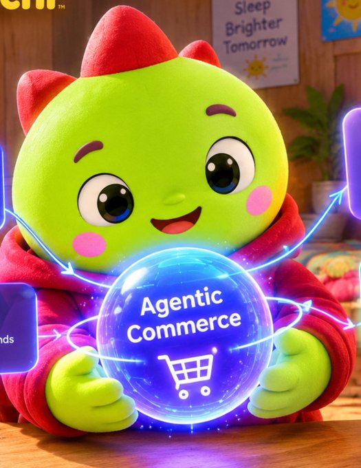 A green cartoon character with red accents holding a glowing blue orb labeled 'Agentic Commerce' with a shopping cart icon, with a poster in the background reading 'Sleep Brighter Tomorrow'.