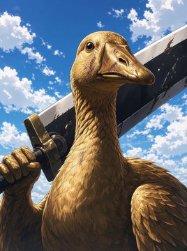 A digitally rendered image of a brown duck or goose-like creature with a long neck holding a large sword over its shoulder, set against a bright blue sky with fluffy white clouds.