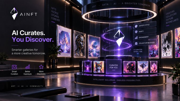 A futuristic digital art gallery promotional image for AINFT with the tagline 'AI Curates. You Discover.' and 'Smarter galleries for a more creative tomorrow,' showing NFT displays including a cat image.