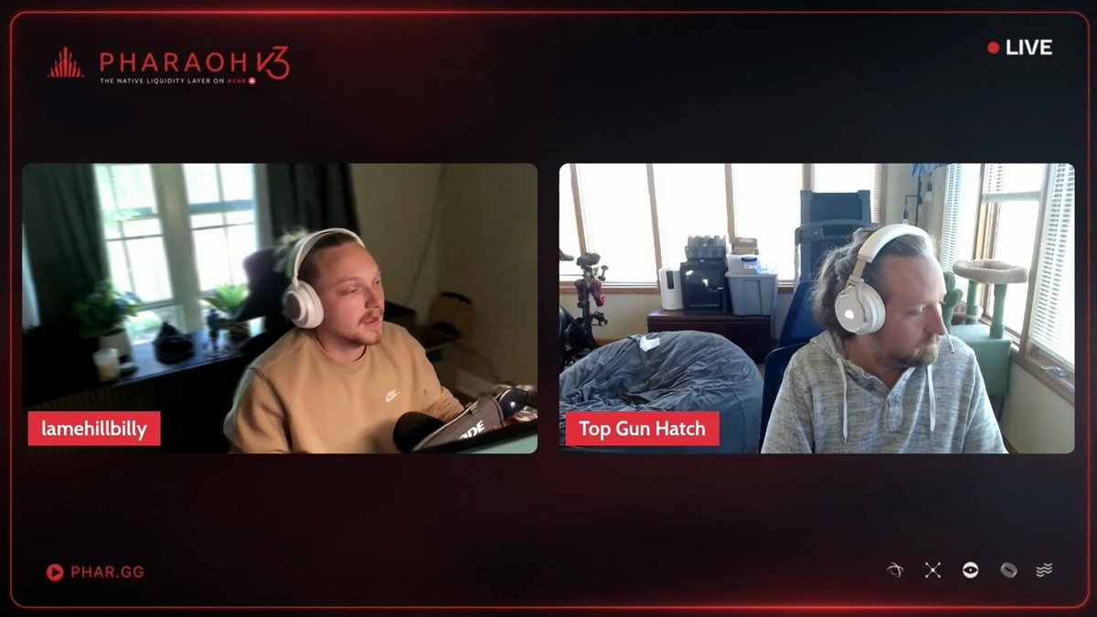 The image shows two men sitting in front of their computers with headphones on, likely participating in an online gaming session or a video call. The screen displays a message that reads "Pharaoh DLMM pools are now live. The new UI is here. Pharaoh is officially entering our next era of liquidity." This indicates that the men have just started playing a game or joined a virtual meeting and are about to begin their activity.