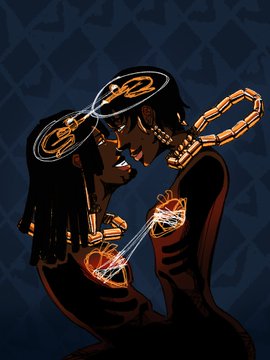 A stylized illustration of two dark-haired figures facing each other with glowing orange halos and chains, set against a dark patterned background.