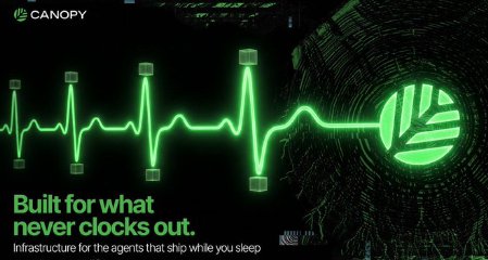 A promotional graphic for Canopy with a green heartbeat line connecting to a leaf logo, featuring the text 'Built for what never clocks out. Infrastructure for the agents that ship while you sleep.'