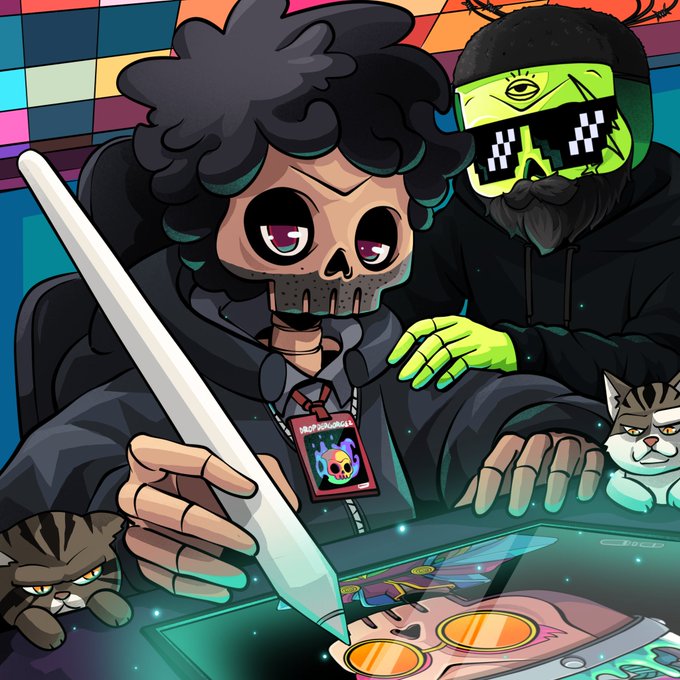 A cartoon illustration of a hooded skull character holding a stylus alongside a green-skinned figure wearing pixelated sunglasses, with two cats nearby, appearing to work on a digital interface.