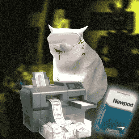 A translucent ghost-like cat sits behind a money printer churning out cash stacks, alongside a cigarette pack labeled "Newport." The surreal image visually represents gambling for "cashcats" with the ghost cat and money printer symbolizing risk and rewards, while the Newport pack remains as an incidental brand placement.