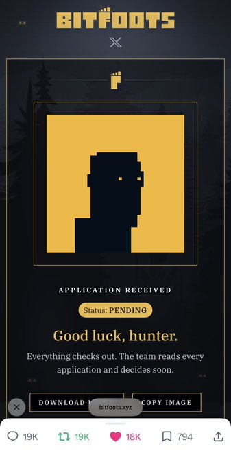 A 'Bitfoots' application confirmation screen showing 'APPLICATION RECEIVED' with a 'Status: PENDING' badge, reading 'Good luck, hunter. Everything checks out. The team reads every application and decides soon,' with 19K comments and 18K likes.