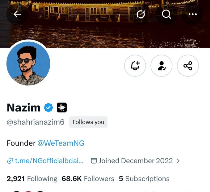 A Twitter/X profile for 'Nazim' (@shahrianazim6), a verified account and founder of @WeTeamNG, joined December 2022, with 68.6K followers.