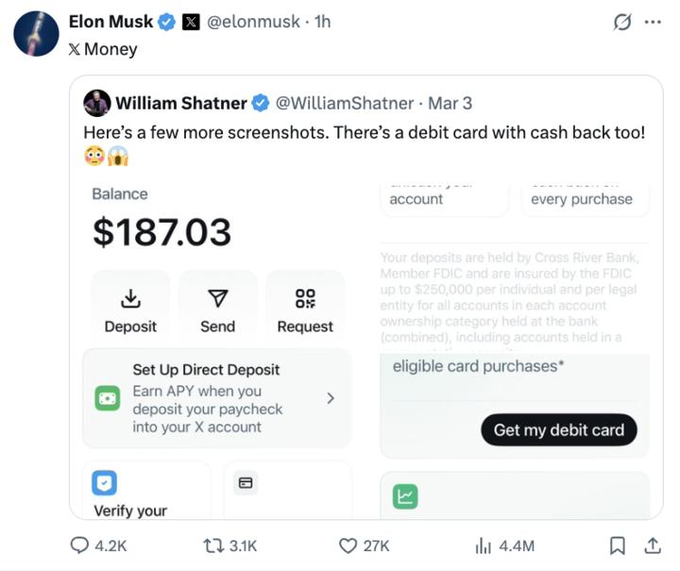 Screenshot of an X (Twitter) post by Elon Musk promoting "X Money," quoting a William Shatner post that displays account balance of $187.03 with options for Deposit, Send, and Request, along with a "Get my debit card" button.